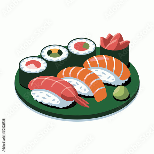 Isometric illustration of assorted sushi pieces on a dark green plate, including maki rolls, nigiri, and gunkan maki; concept for restaurant menu design, food blogging, or culinary website