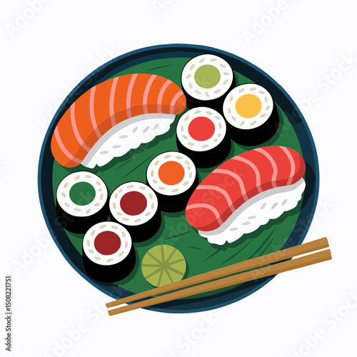 Top view of assorted sushi rolls and nigiri on a dark plate with chopsticks, concept for restaurant menu design or food blog