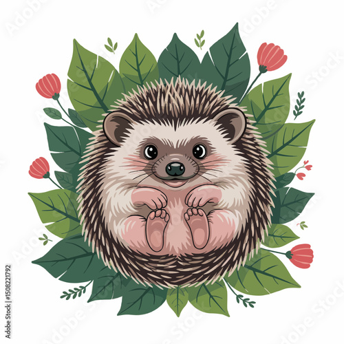 Adorable hedgehog nestled in lush green leaves and pink flowers, concept for children's book illustration, greeting card, or nature-themed design