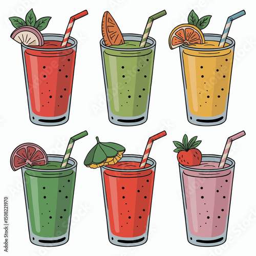 Six glasses of colorful smoothies with various fruits and straws, concept for healthy food and beverage branding
