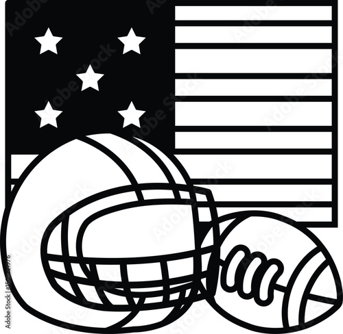 A football helmet and a football are on top of a flag