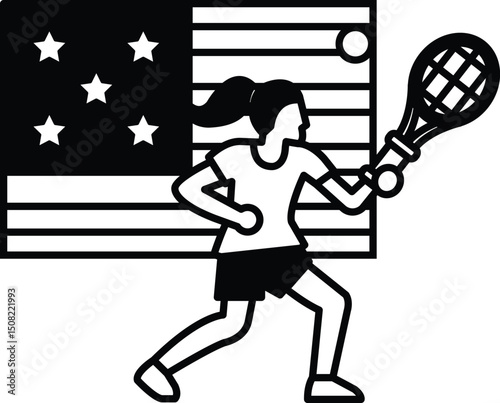 A woman is playing tennis on a court with the American flag in the background