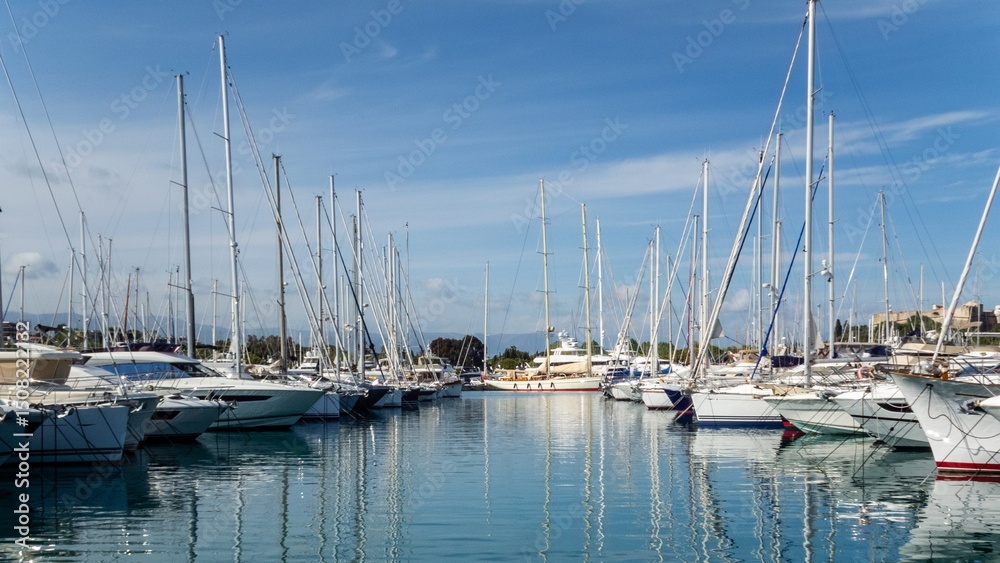 Obraz premium View of the parking of yachts in the port of a sunny morning. Reflection of yachts in water and blue sky with clouds