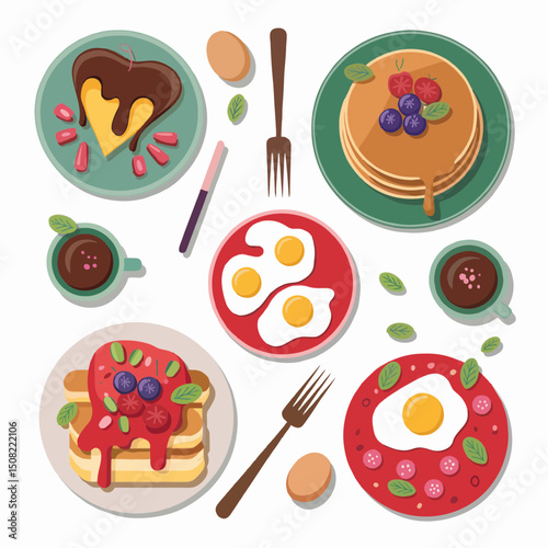 Top view of various breakfast dishes including pancakes, heart-shaped waffles, fried eggs, and coffee, concept for food blog, recipe website, or restaurant menu