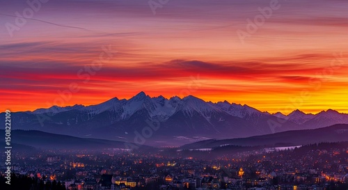 Fototapeta Naklejka Na Ścianę i Meble -  Tatra Mountains Sunset: Zakopane, Poland, Dramatic Alpine Panorama