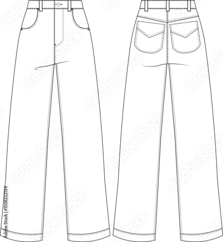 with pockets mid rise mid waist high rise high waist wide leg palazzo denim jean pant trouser  template technical drawing flat sketch cad mockup fashion woman design style model 
