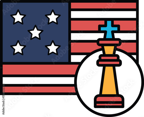 A chess piece is placed on top of the American flag