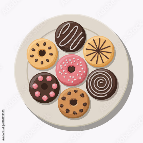 A plate of assorted donuts with various toppings, including chocolate, sprinkles, and caramel; concept for bakery menu design, food blogs, and sweet treat advertising