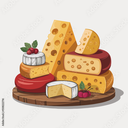 Assorted cheeses, camembert, cheddar, and Swiss cheese on wooden board with cranberries, concept for food packaging design