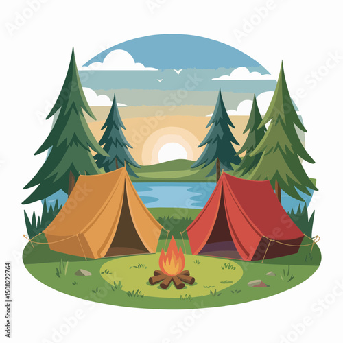 Two camping tents nestled beside a tranquil lake at sunset, surrounded by lush pine trees, concept for outdoor adventure tourism and travel brochures