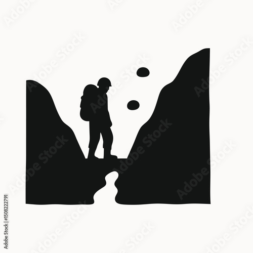 Silhouette of Hiker in Mountain Gorge Adventure, Exploration, and Nature