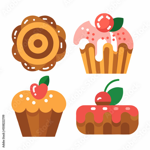 Flat design illustration of assorted sweet pastries, including muffins and cookies, concept for bakery menu design