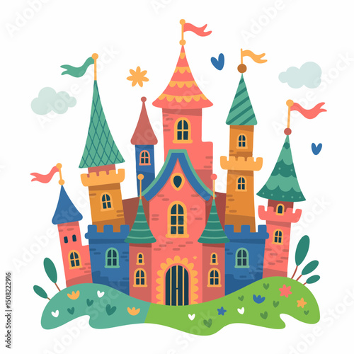 A whimsical illustration of a fairytale castle with multiple towers, flags, and lush greenery, concept for children's book illustration, storybook design, or fairytale themed projects