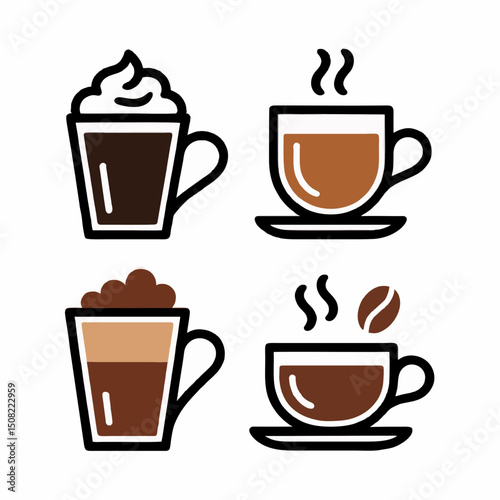 Four illustrated coffee cups with different types of coffee, including cappuccino, latte, espresso, and americano; concept for menu design, cafe branding, or coffee shop marketing