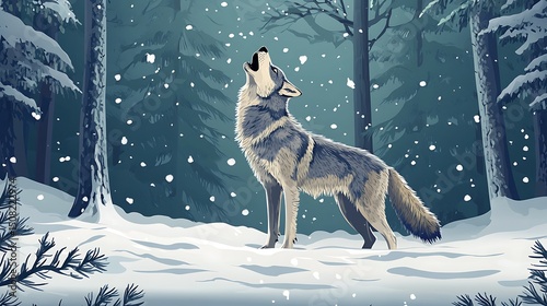 Majestic wolf howls in a snowy forest.