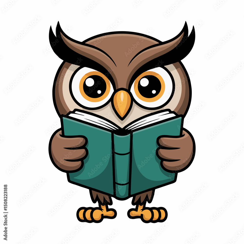 Naklejka premium Adorable cartoon owl engrossed in reading a teal book, concept for children's book illustration, educational materials, or mascot design