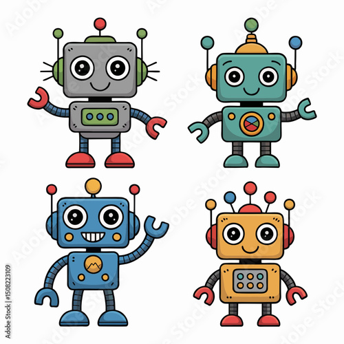 Four cute cartoon robots with different colors and expressions, concept for children's book illustration, educational materials, or playful designs