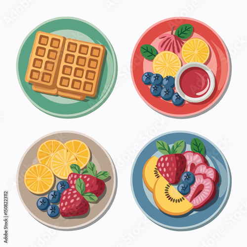 Top view of waffles and assorted fresh fruits on plates, concept for food blog, recipe website, or menu design