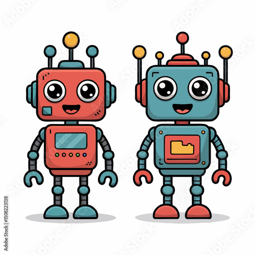 Two cute cartoon robots with red and blue bodies, big eyes, and cheerful expressions, concept illustration for children's books, app icons, and animation