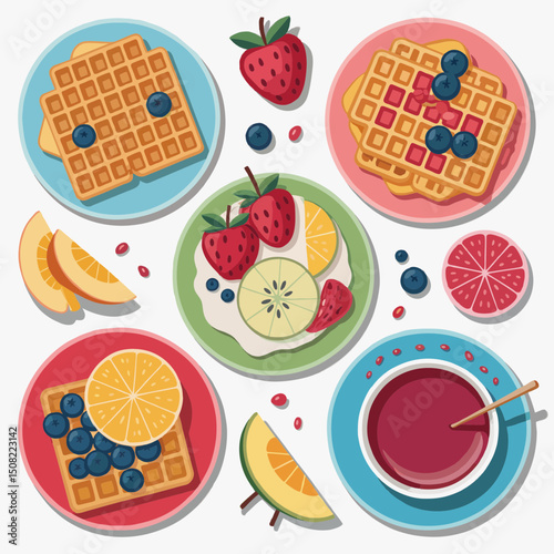 Top view of waffles with fresh berries and fruits on plates, concept for food blog, recipe, restaurant menu, or cookbook illustration
