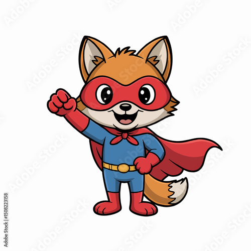 Adorable cartoon fox superhero in a red cape and blue suit raising its paw, concept for children's book illustration, mascot design, or superhero themed project