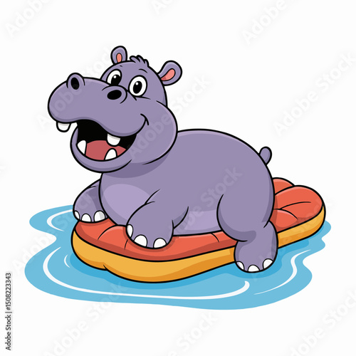 Cheerful cartoon hippopotamus relaxing on an inflatable raft in a pool of water, concept for summer fun illustrations