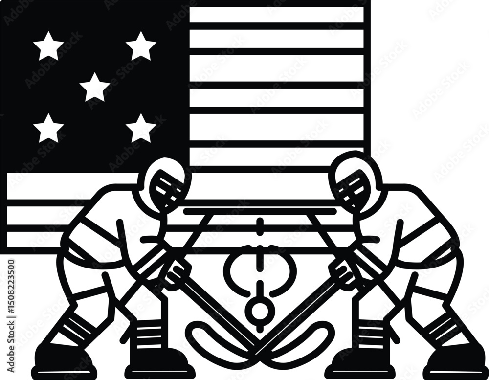 Two hockey players are fighting on a hockey rink with the American flag in the b
