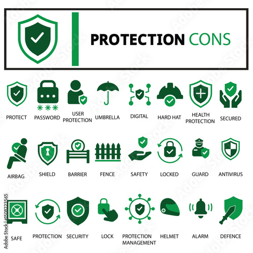 Protection icon set. Containing safe, shield, lock, security, alarm, umbrella, guard, fence and more.