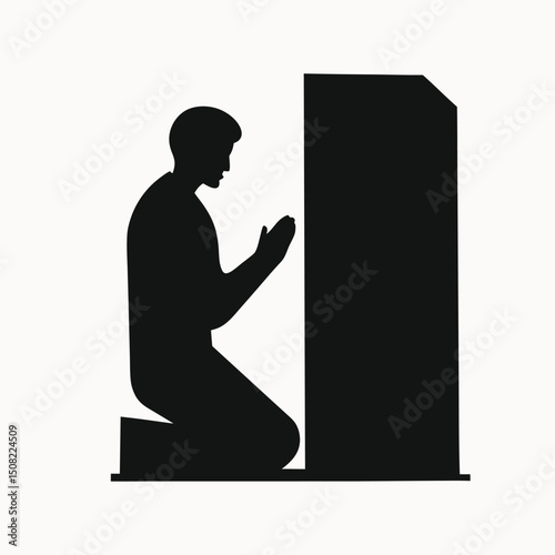 Man Kneeling in Prayer Before a Religious Monument A Silhouette Illustration