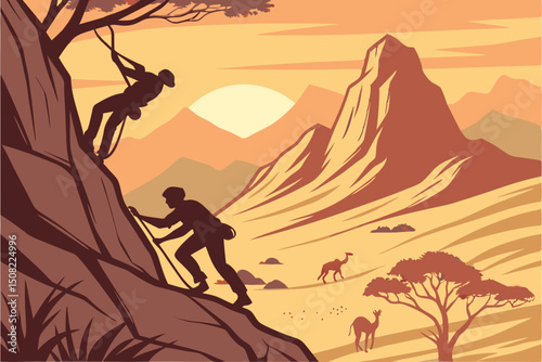 Generated AI Mountainscape Sunset Silhouette Climbers in Desert