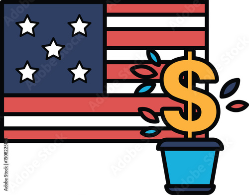 A dollar sign is planted in a pot next to the American flag