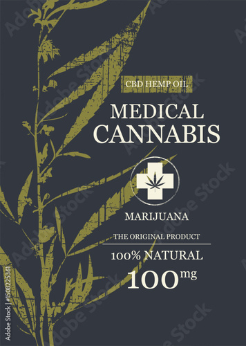 Eco vector banner or label for medical marijuana or hemp cbd oil with hemp pattern. T-shirt design. Fabric.Not used AI