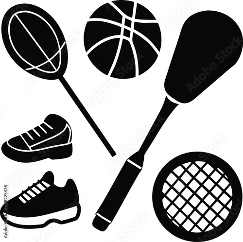 Sport Equipment Icons Basketball, Racquet, Shoes, and More