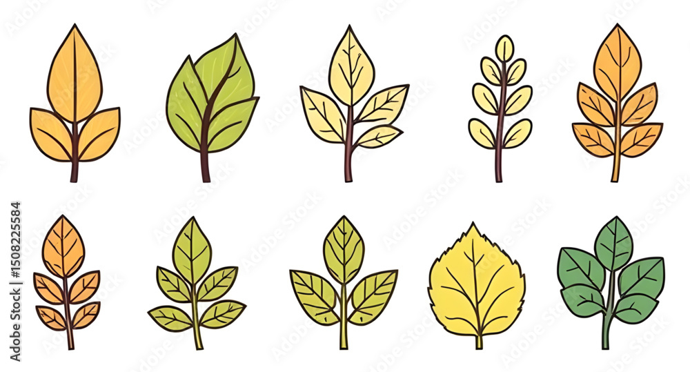 Fototapeta premium botanical cartoon leaves, cute leaves set, stylized leaves vector, leaf clipart cartoon, leafy design elements, cartoon plant leaves, spring leaves illustration, summer leaves cartoon, nature leaves i