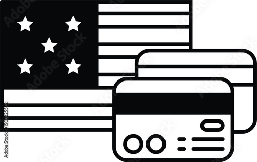 A black and white image of a United States flag with five stars