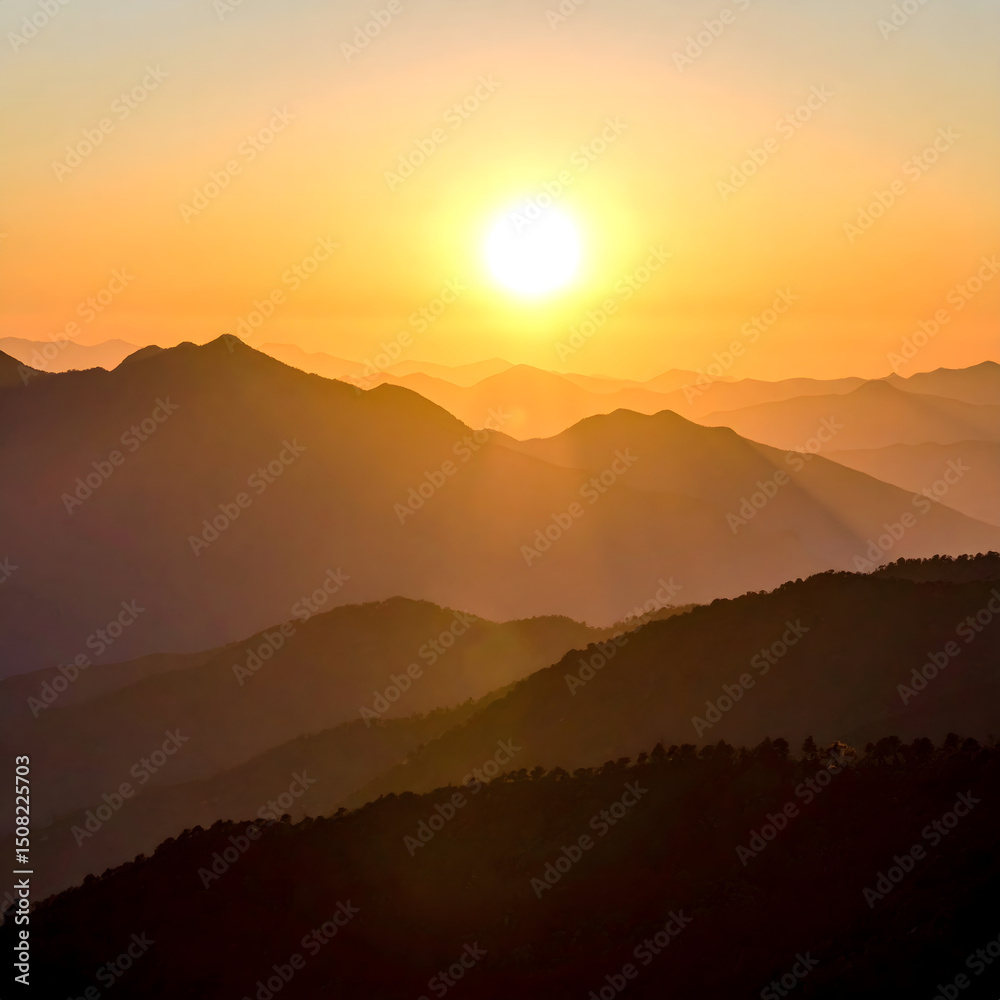 Fototapeta premium Majestic Sunset Over Rolling Mountain Ranges Golden Hour Landscape Photography