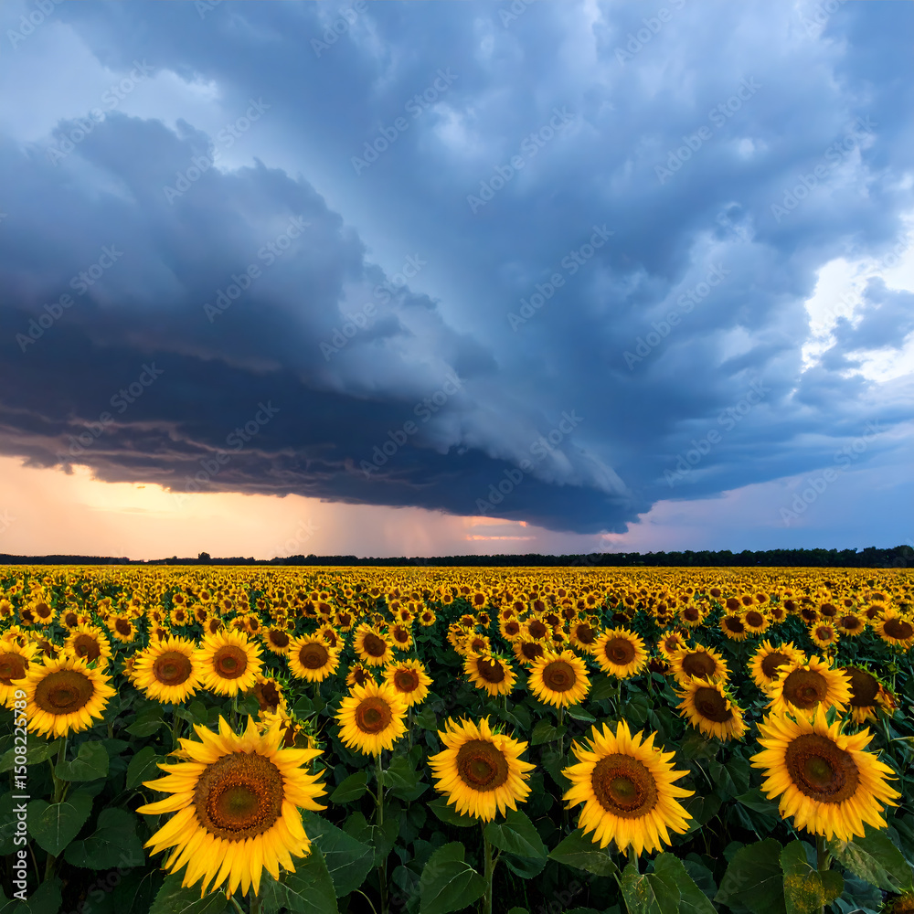 Fototapeta premium Dramatic Sunset Storm Clouds over a Vast Sunflower Field