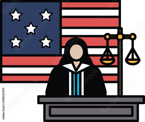 A woman in a black robe stands in front of a flag and a scale