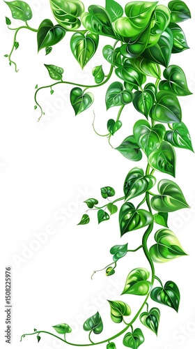 Lush green vine with heart-shaped leaves isolated on white background, a botanical illustration