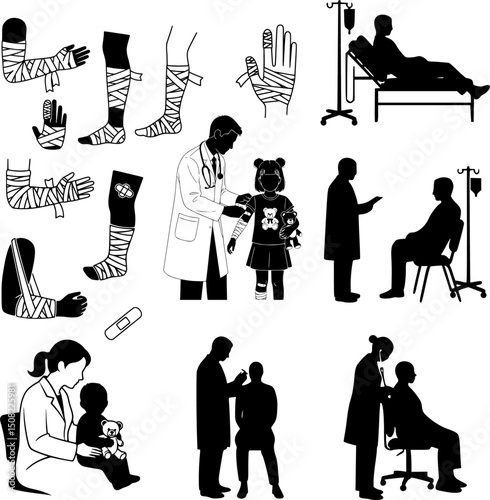 Silhouettes of medical workers and patients, injuries, bandaged legs and arms, first aid treatment