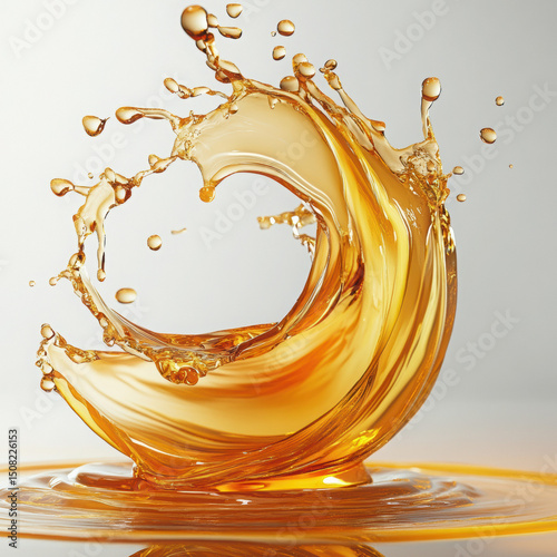 Dynamic amber liquid splash creating a beautiful swirl against a soft background photo