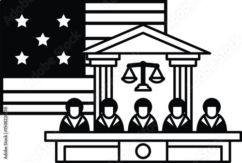 A black and white drawing of a courthouse with a flag in the background
