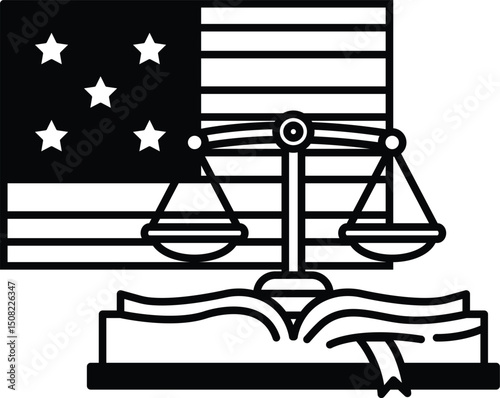 A black and white image of a scale with a book and a flag in the background