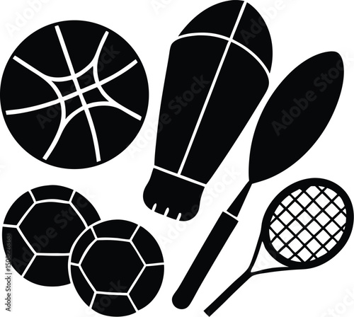 Collection of Sport Equipment Silhouettes Basketball, Shuttlecock, Racquet, and Soccer Balls