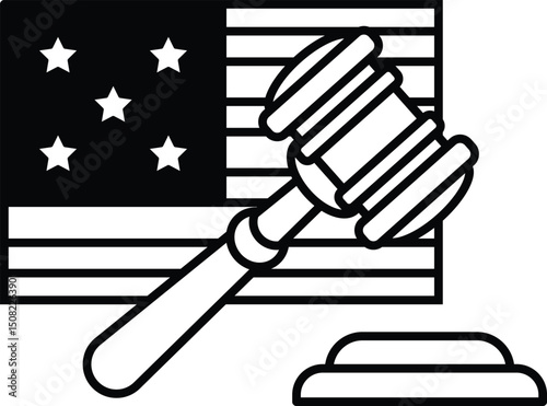 A black and white drawing of a gavel on top of a flag