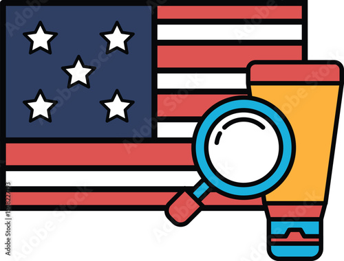 A close up of an American flag with a magnifying glass on top of it