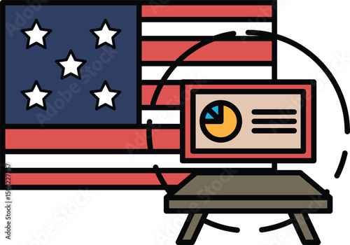 A red, white, and blue American flag is surrounded by a pie chart