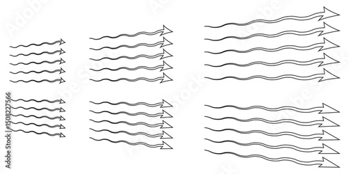 Air flow. Set of blue arrows showing direction of air movement. Wind direction arrows. Vector illustration isolated on white background.