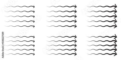 Air flow. Set of blue arrows showing direction of air movement. Wind direction arrows. Vector illustration isolated on white background.