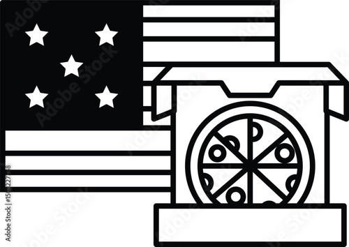 A black and white drawing of a pizza box with a slice of pizza on top